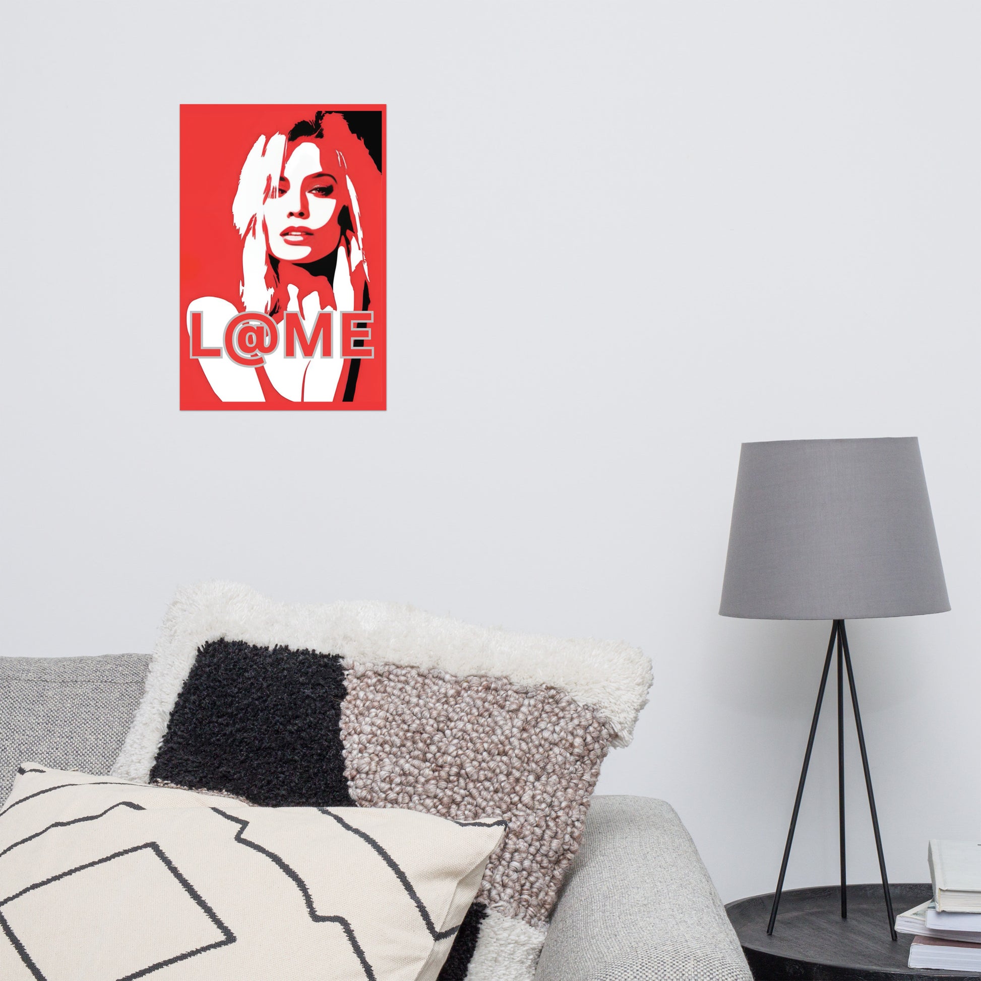 Matte art poster featuring a bold red pop-art portrait with high contrast, 12x18 inches.