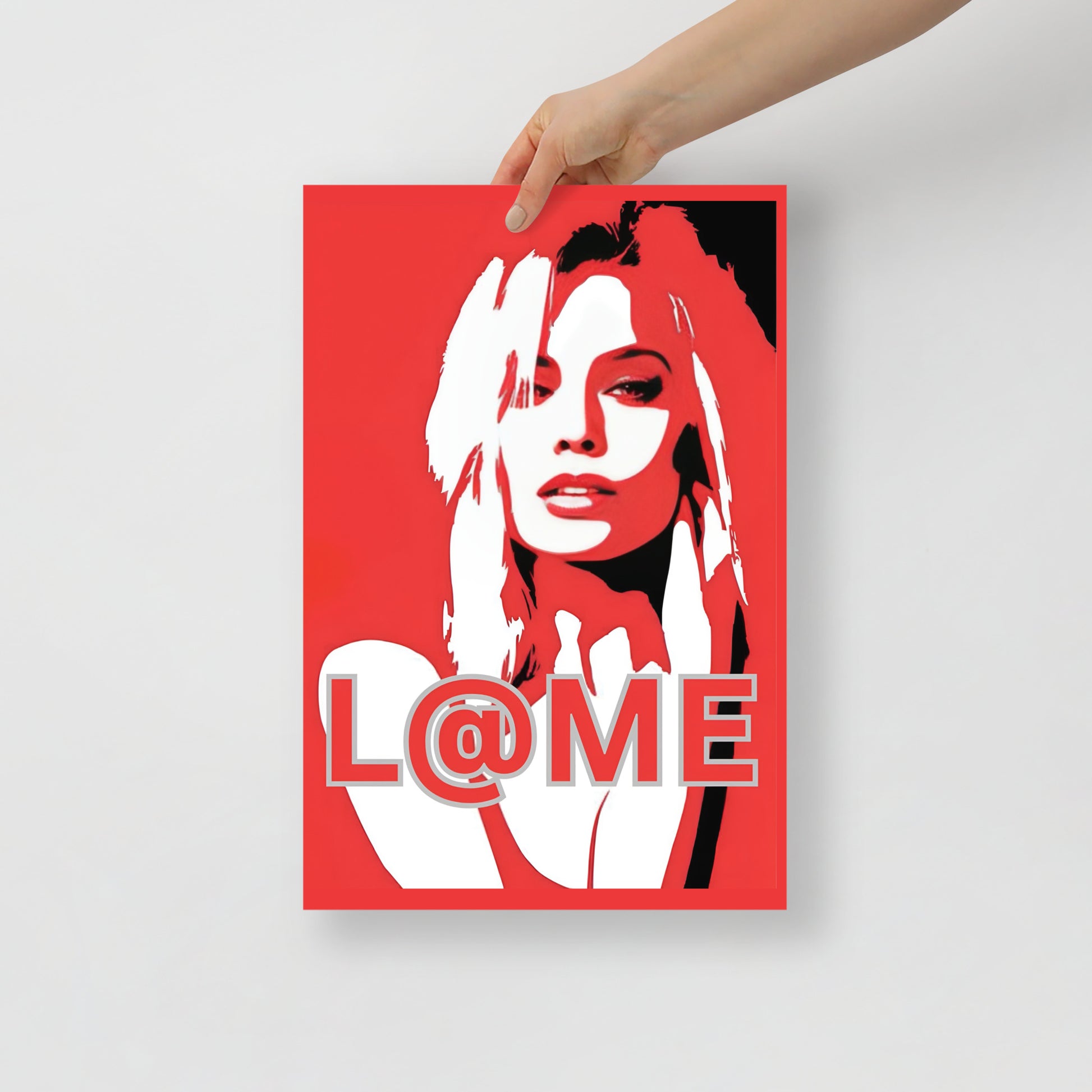 Matte art poster featuring a bold red palette and high-contrast graphic portrait.
