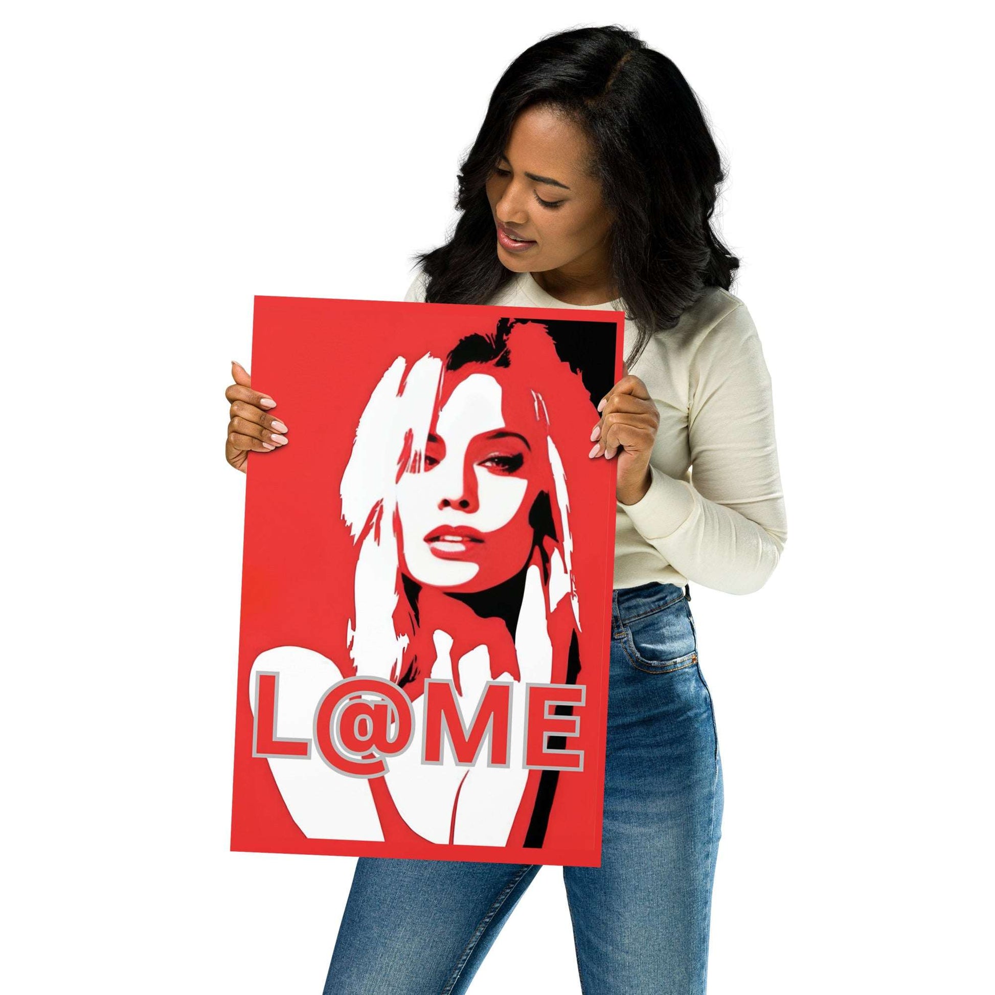 A bold red pop-art poster featuring a high-contrast graphic portrait.