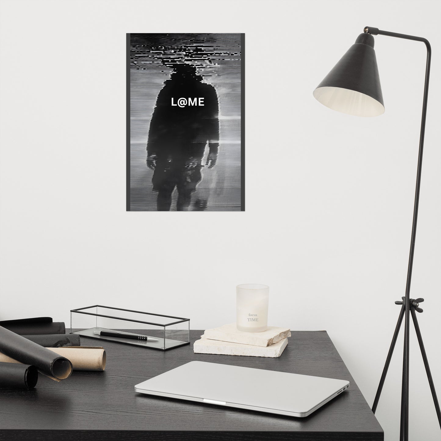 A dark matte art poster featuring a futuristic glitch design in bold monochrome.