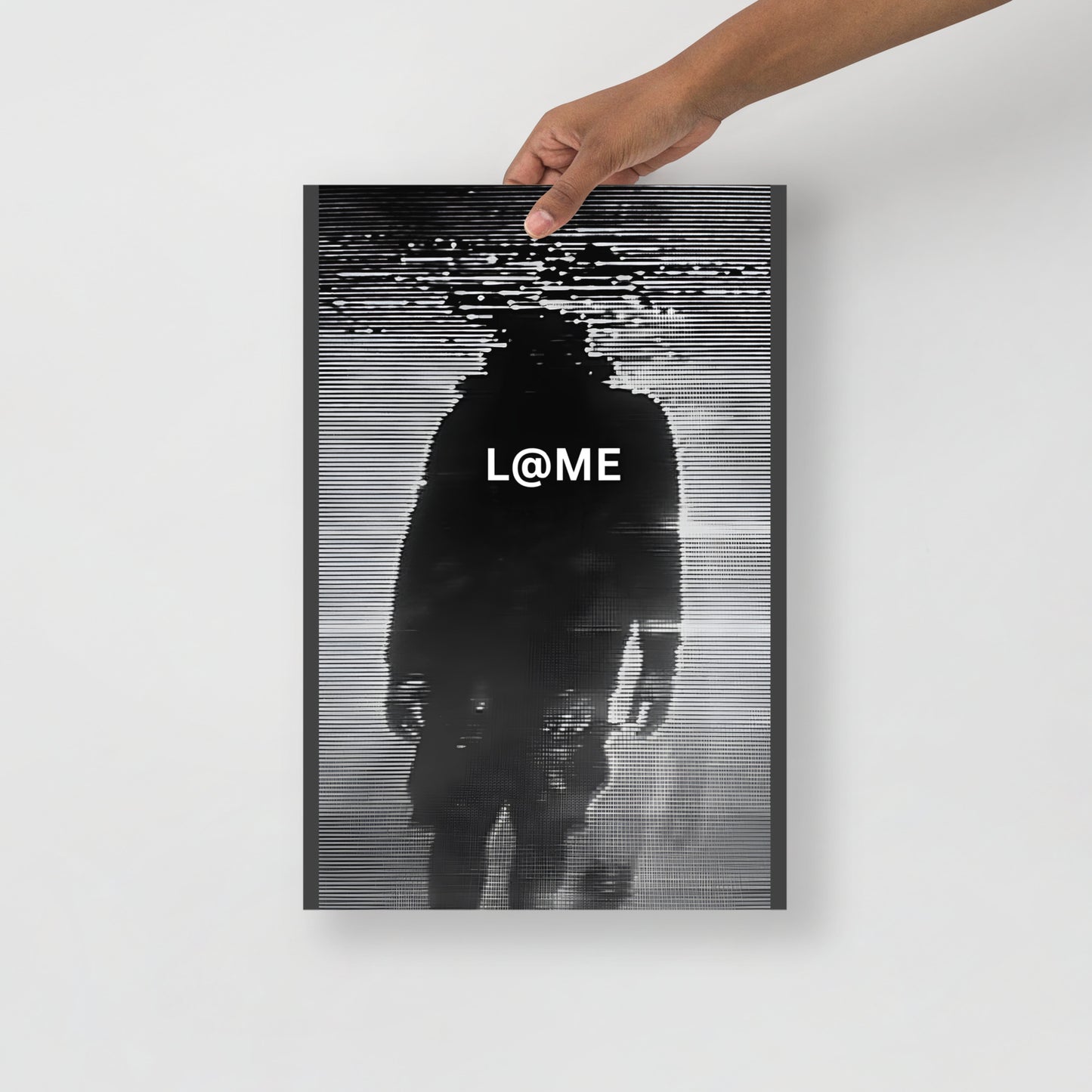 Dark matte poster featuring a futuristic glitch design in bold monochrome colors.