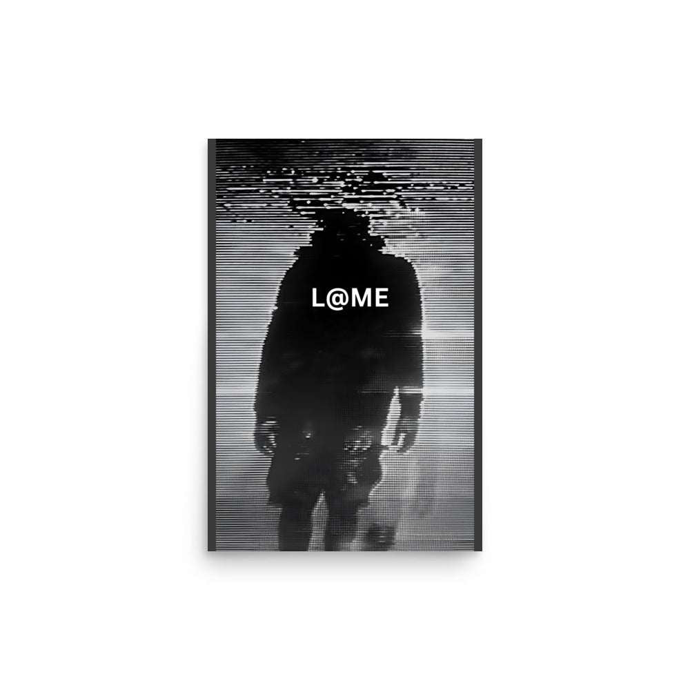 A dark matte art poster featuring a futuristic glitch design in bold monochrome colors.