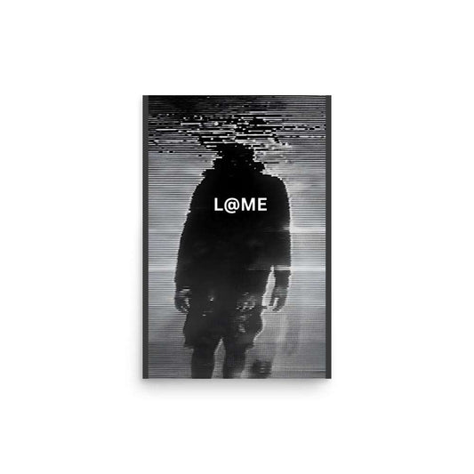 A dark matte art poster featuring a futuristic glitch design in bold monochrome colors.