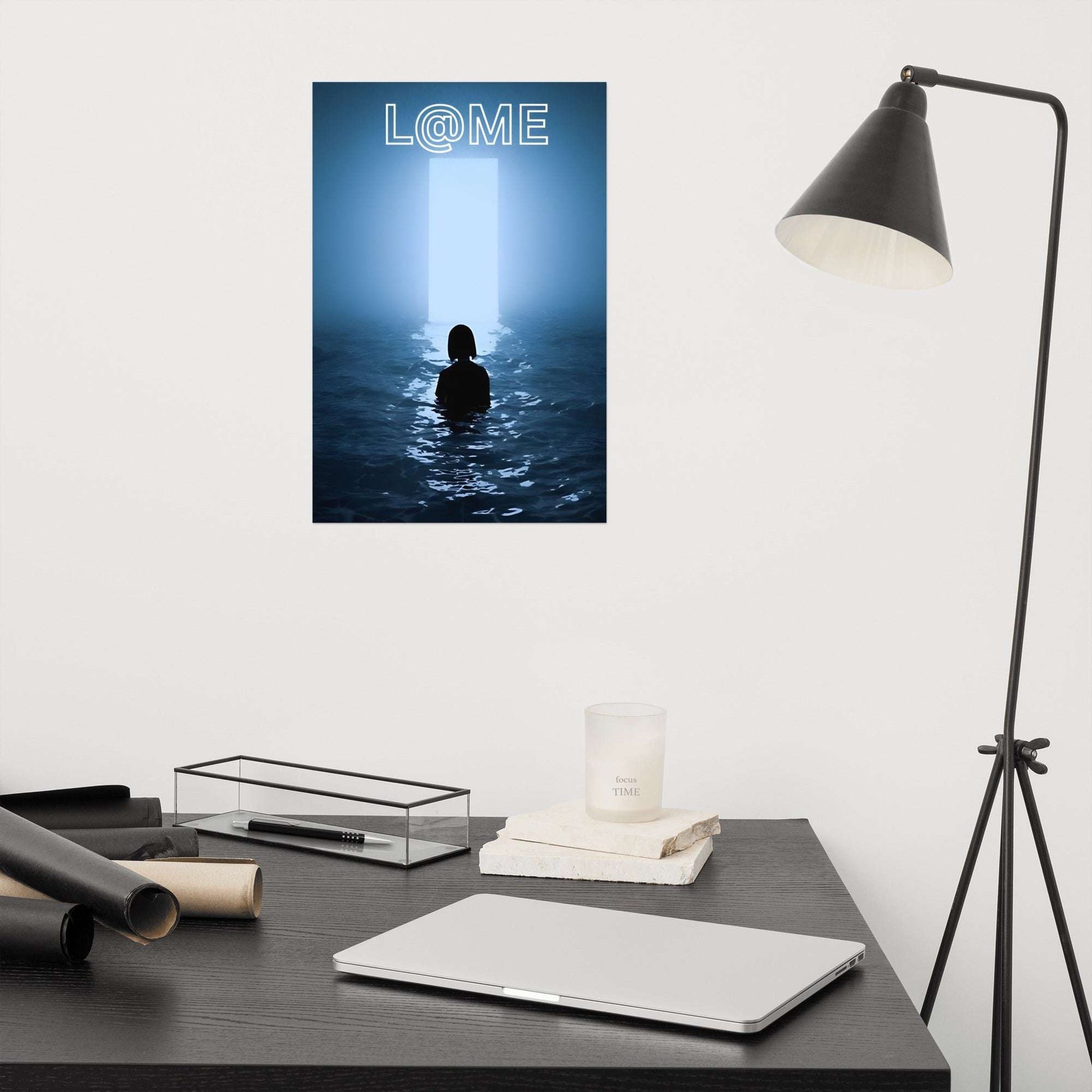A silhouetted figure stands before a glowing blue doorway on a 12"×18" poster.