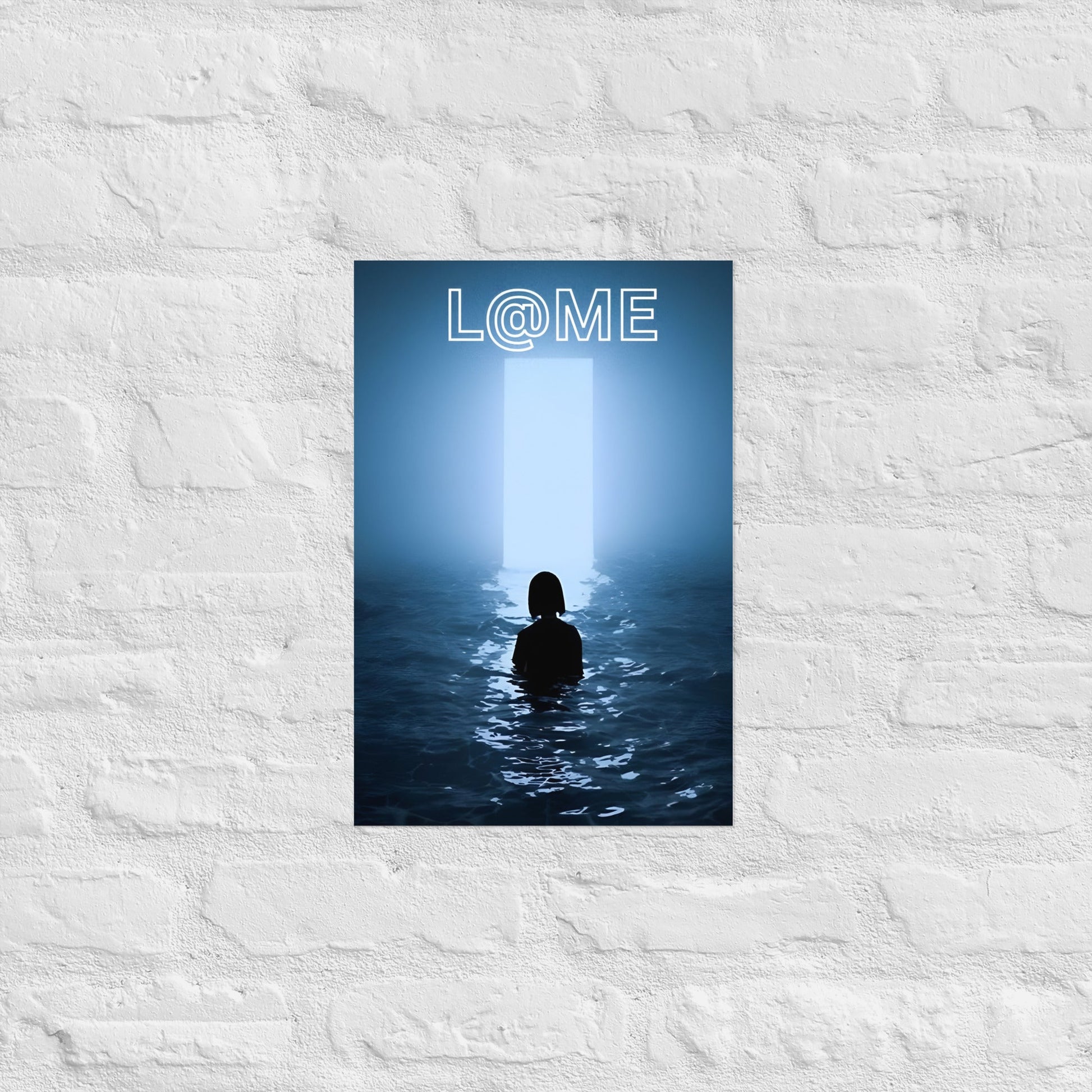 A silhouetted figure stands before a glowing blue portal on a matte poster.
