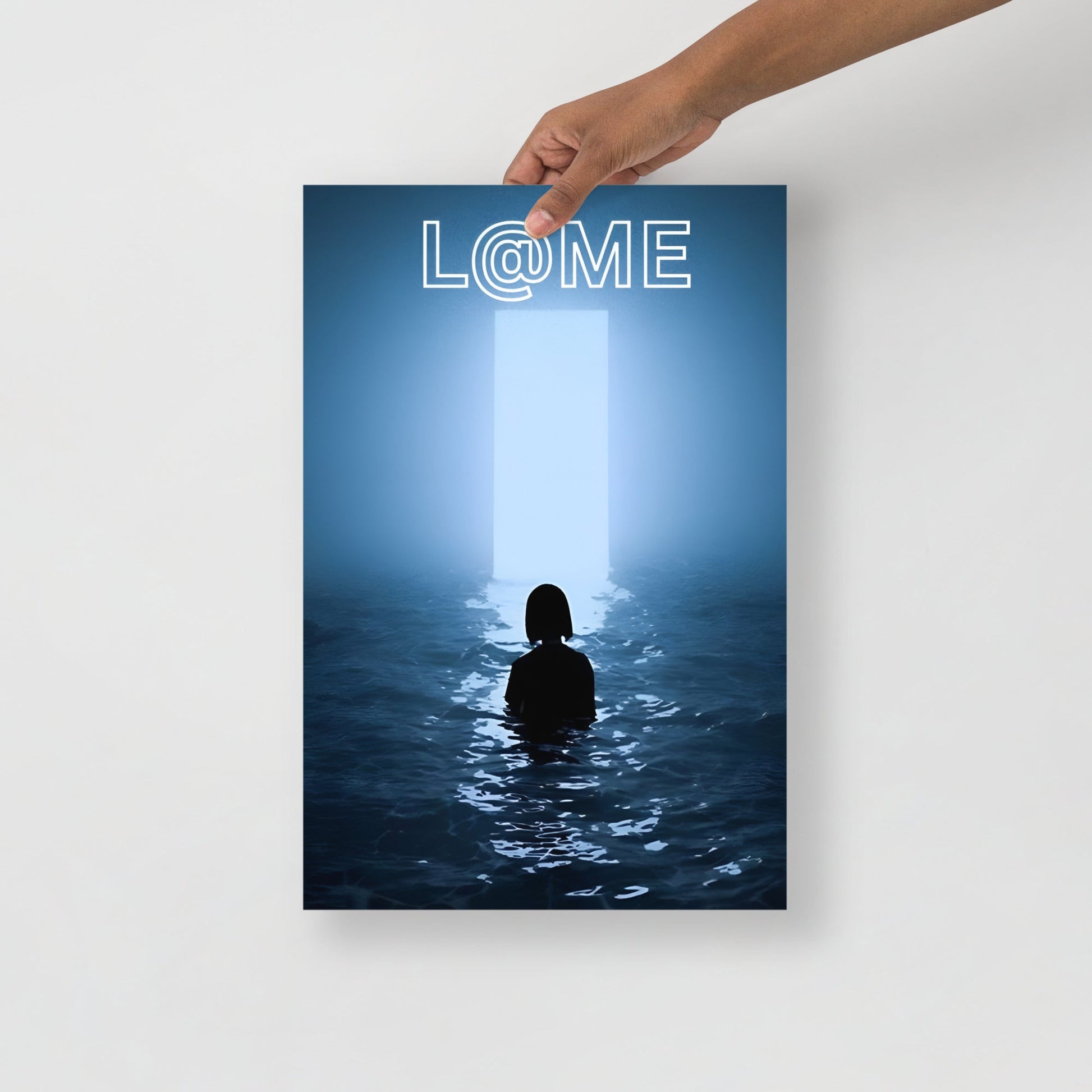 Poster azul L@ME con figura en silueta frente a portal luminoso de 12 por 18 pulgadas