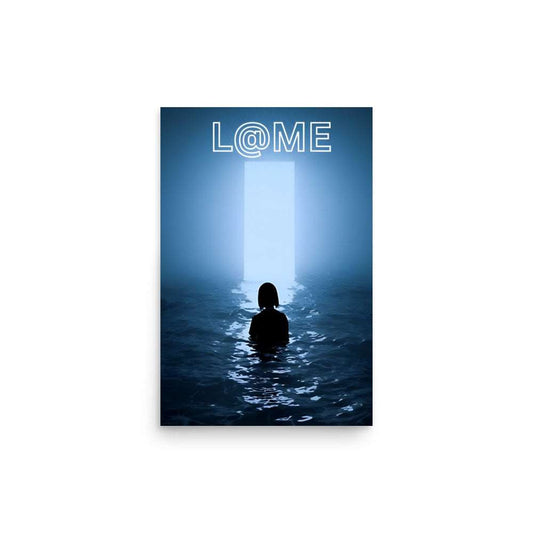 A silhouetted figure stands before a glowing doorway on a blue poster.