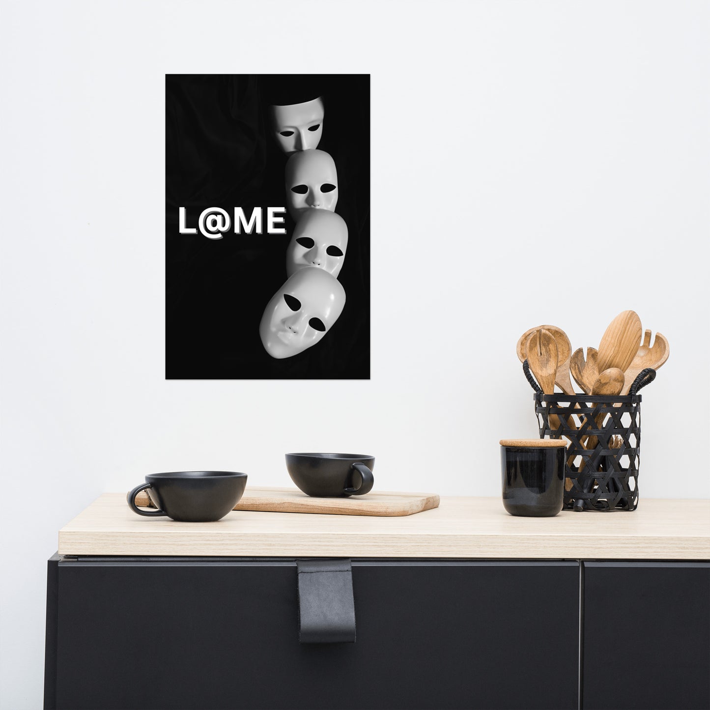 Matte poster 12x18 inches with bold black and white falling masks design.