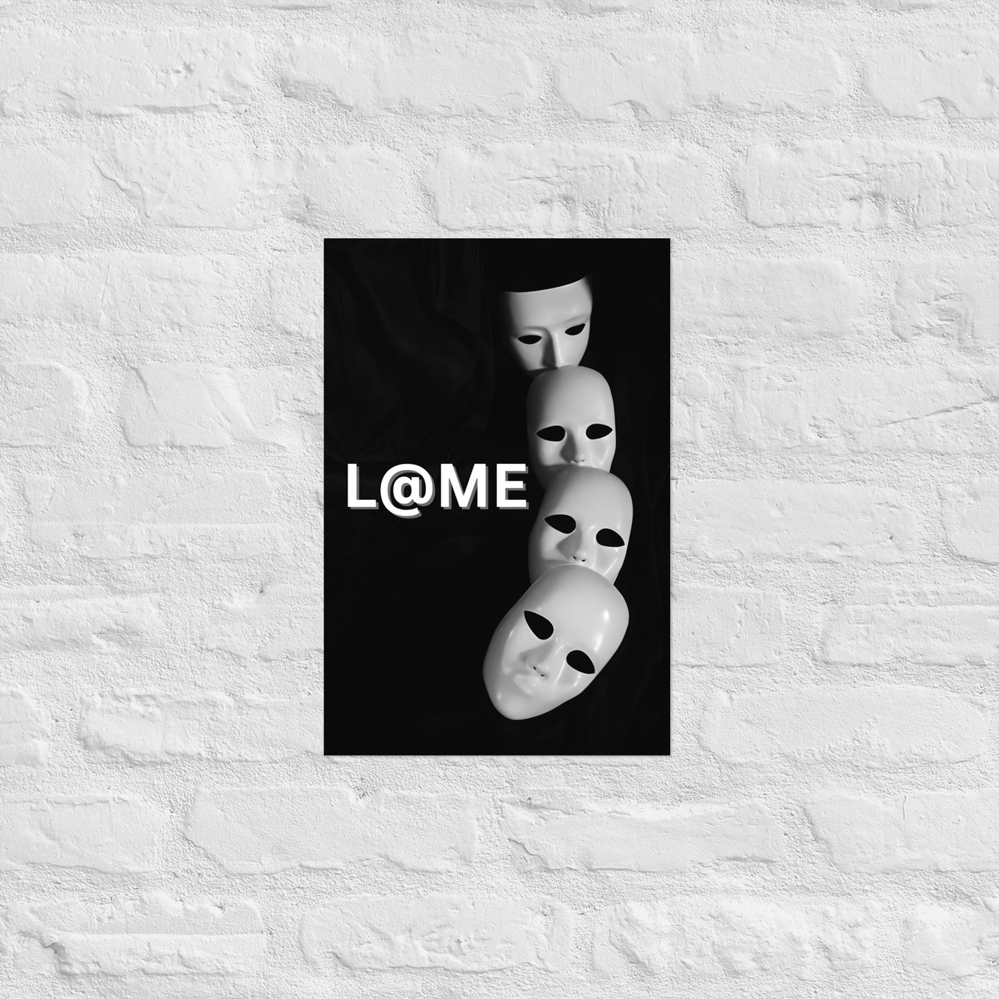 A 12"x18" matte poster featuring a bold, high-contrast design of falling masks.
