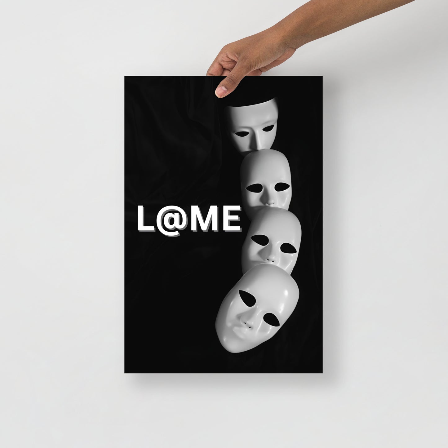 Matte poster 12x18 inches with a bold black and white design of falling masks.