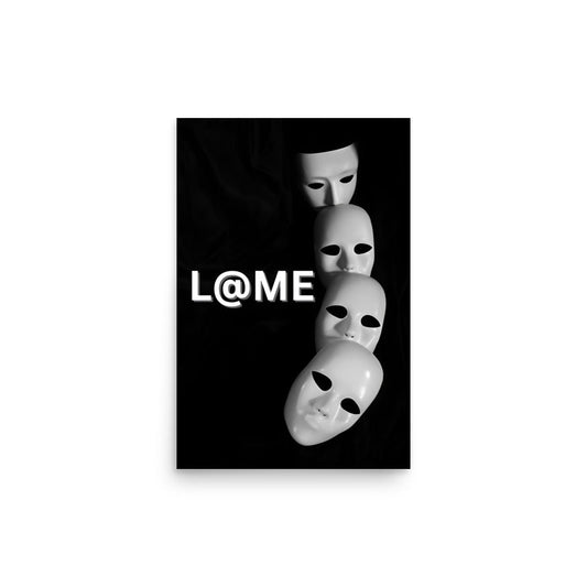 Matte poster titled Falling Masks with bold black and white abstract mask design, 12 by 18 inches.