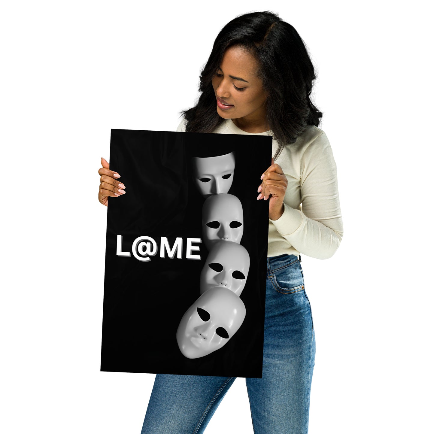 A 12"x18" matte poster featuring a bold, high-contrast design of falling masks.
