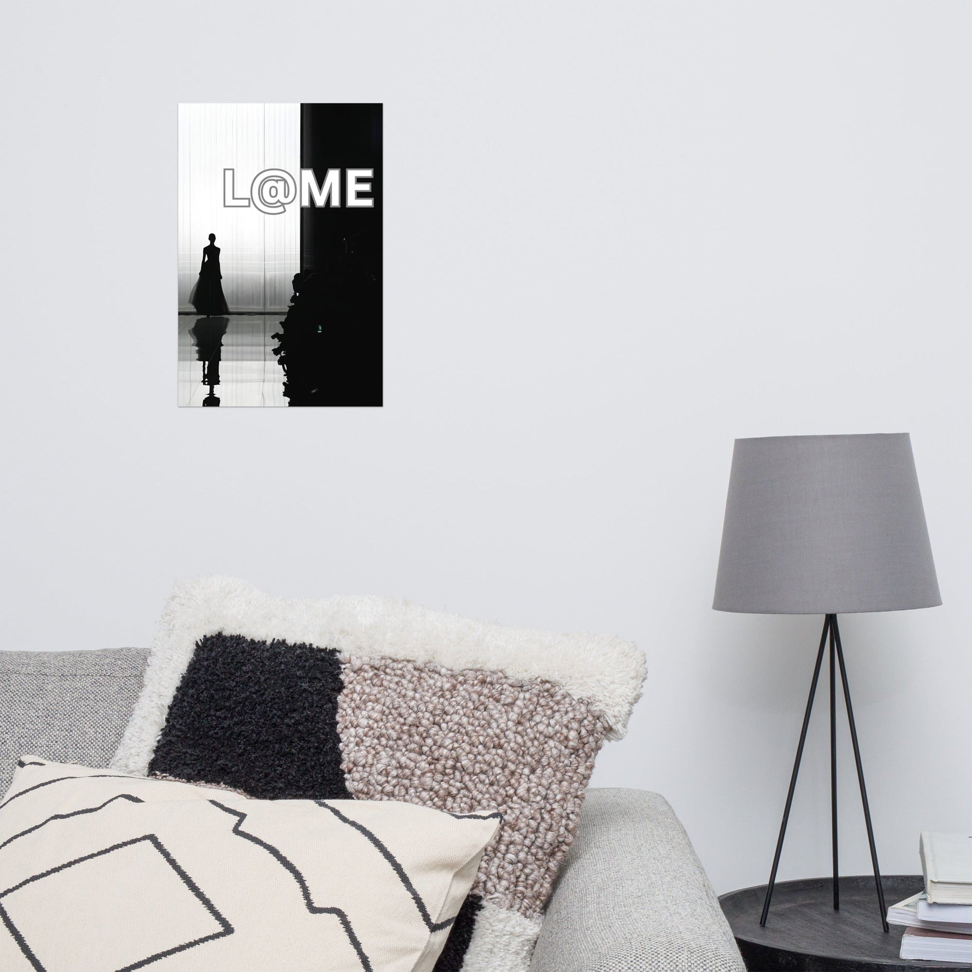 Black-and-white L@ME Runway Silhouette Poster showing a poised figure on a fashion runway.