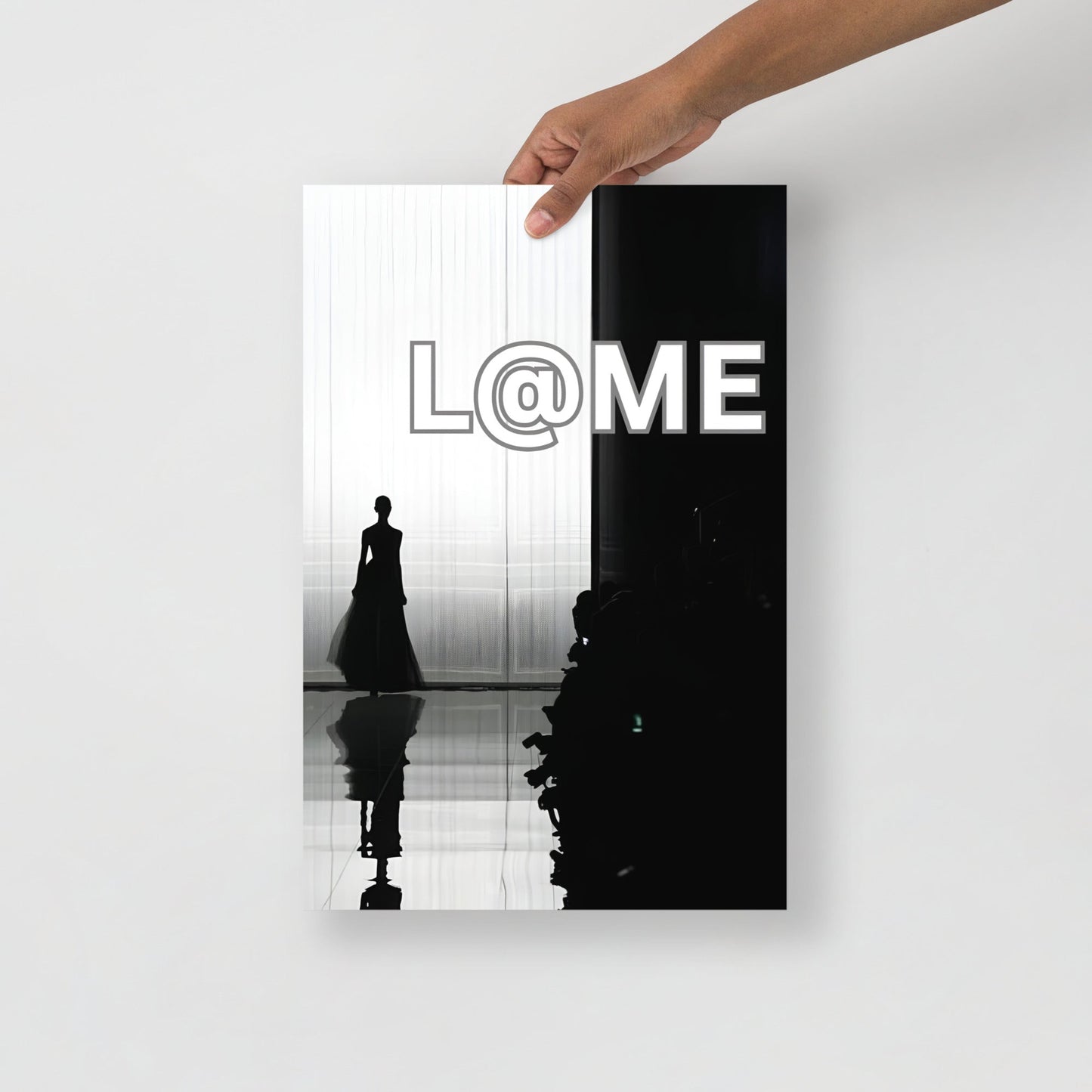Black-and-white poster featuring a poised figure on a fashion runway with dramatic lighting.