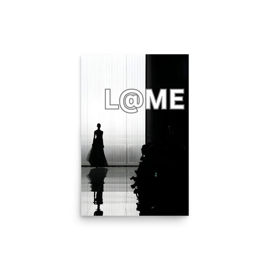 Black-and-white poster featuring a poised figure on a fashion runway with dramatic lighting.