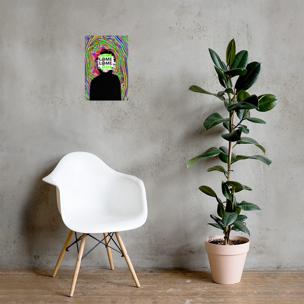 Matte art poster featuring a black silhouette on a vivid, trippy background.