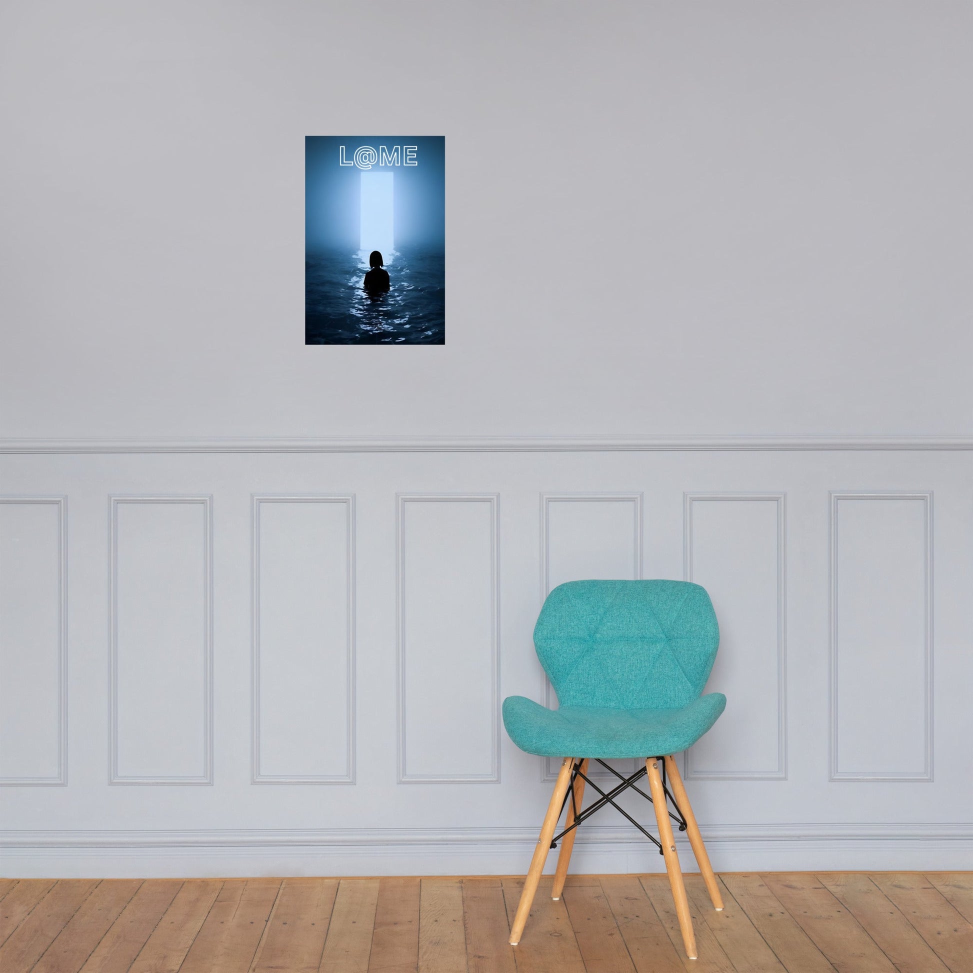 A silhouetted figure stands before a glowing blue portal on a 12"×18" poster.