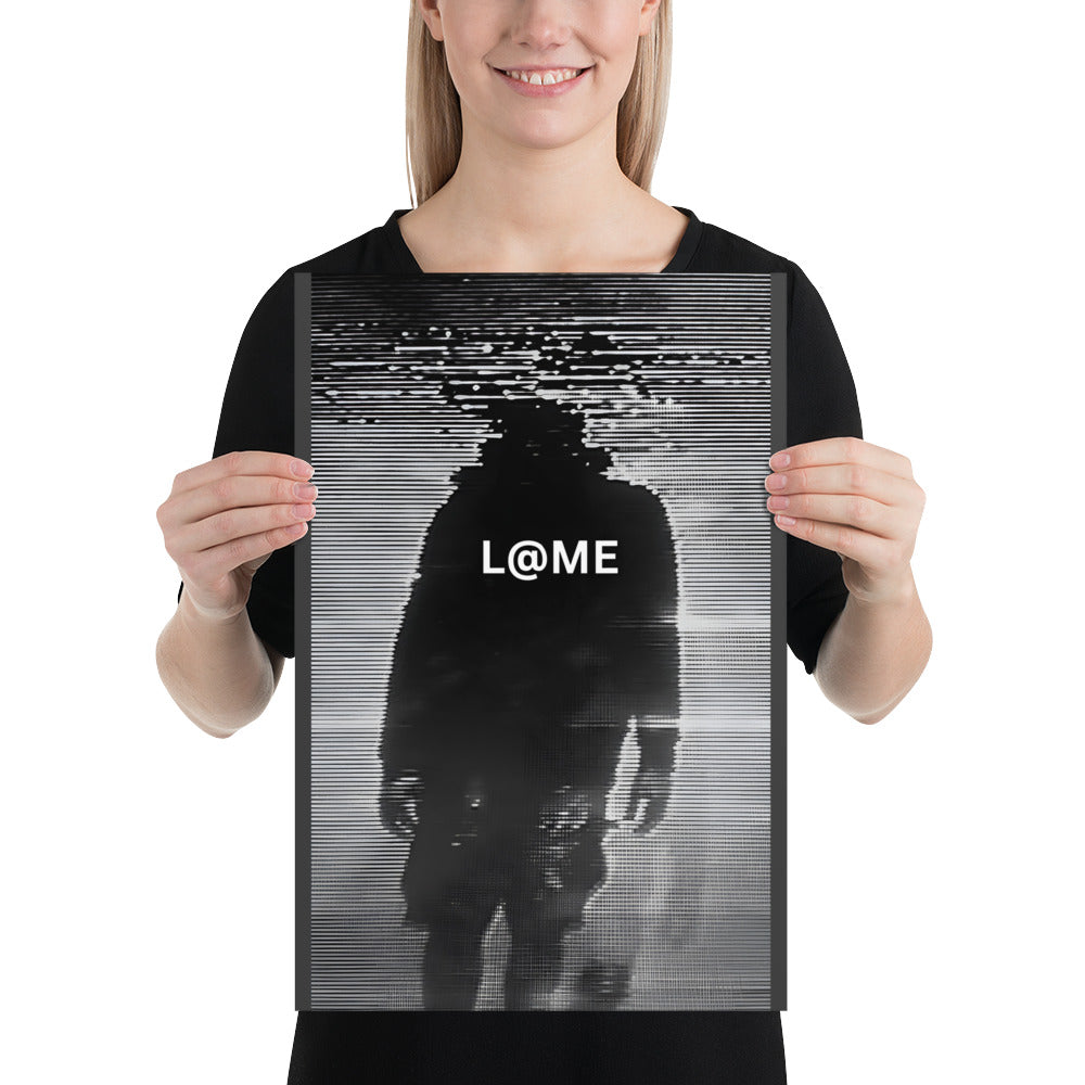 A dark, abstract matte art poster featuring glitchy patterns in bold monochrome colors.