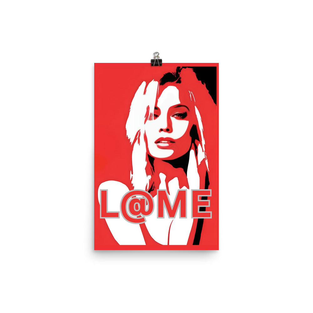 Matte art poster featuring a bold red pop-art portrait on a 12x18 inch paper.