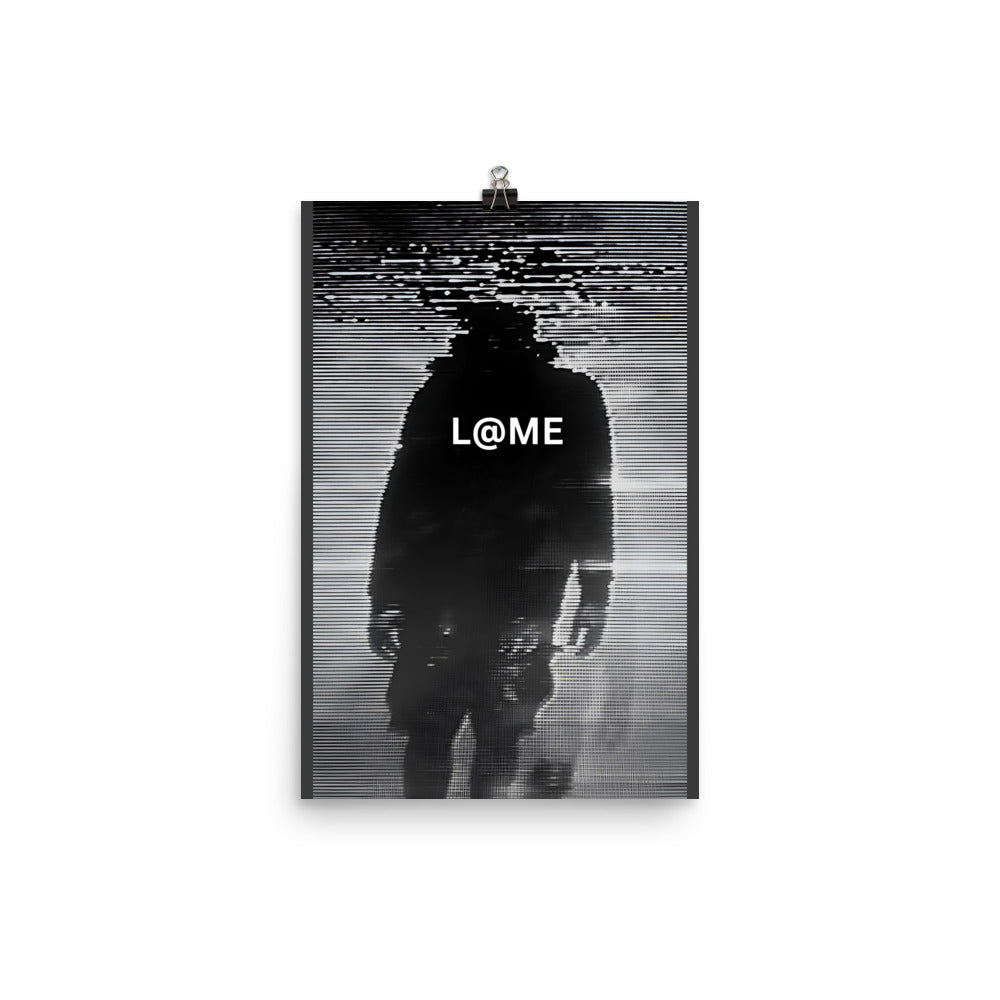 Matte art poster titled Glitch Phantom with dark, glitchy monochrome futuristic design, 12x18 inches