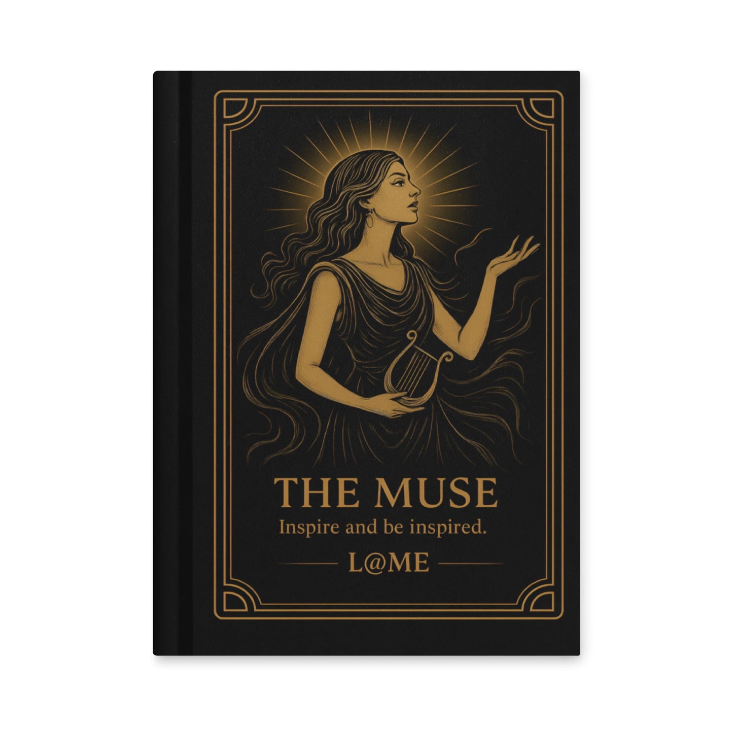 A matte hardcover journal with gold "Muse" artwork on a deep black cover and lined pages.