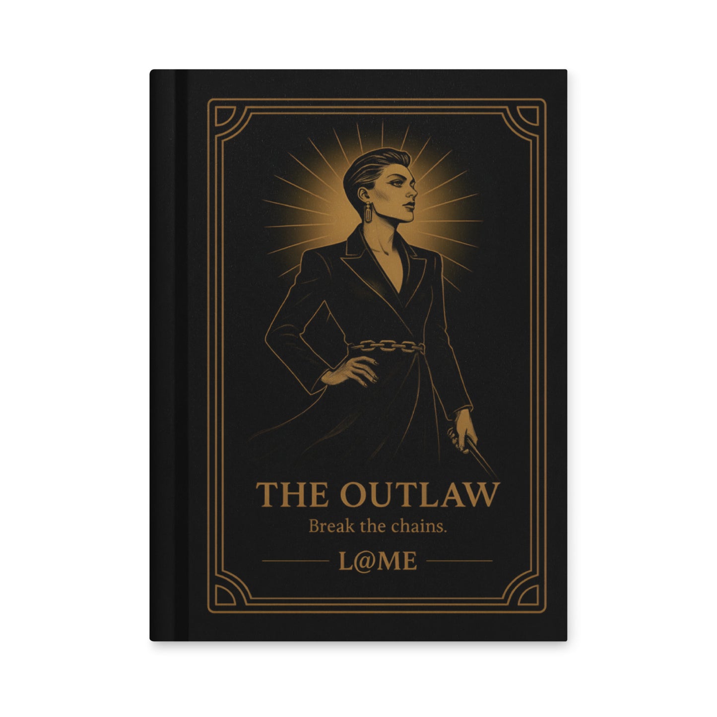 A matte hardcover journal with gold "Outlaw" artwork on a deep black cover and lined pages.
