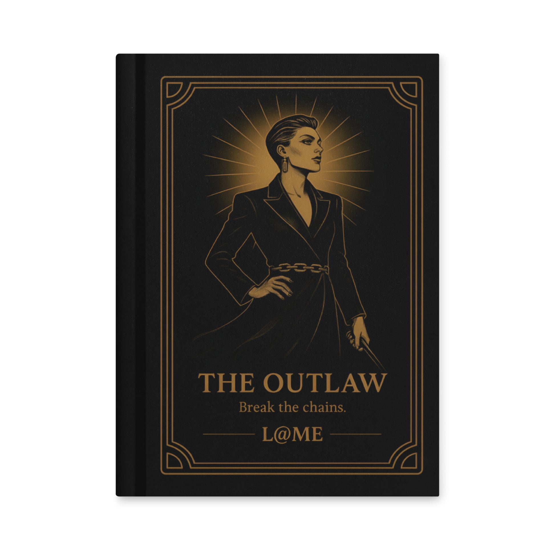 A matte hardcover journal with gold "Outlaw" artwork on a deep black cover and lined pages.