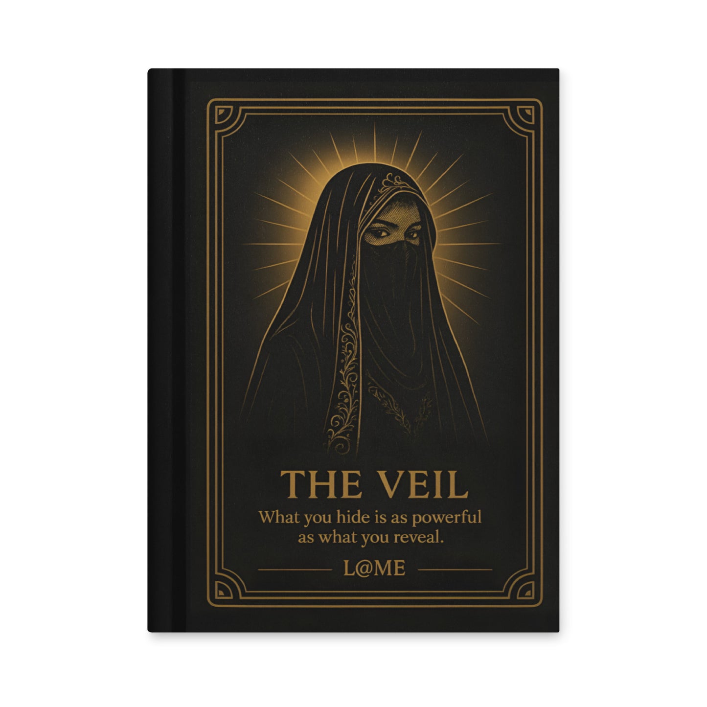 A matte hardcover journal with gold "Veil" artwork on a deep black cover and lined pages.