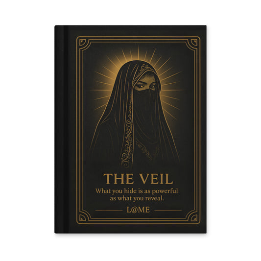 A matte hardcover journal with gold "Veil" artwork on a deep black cover and lined pages.