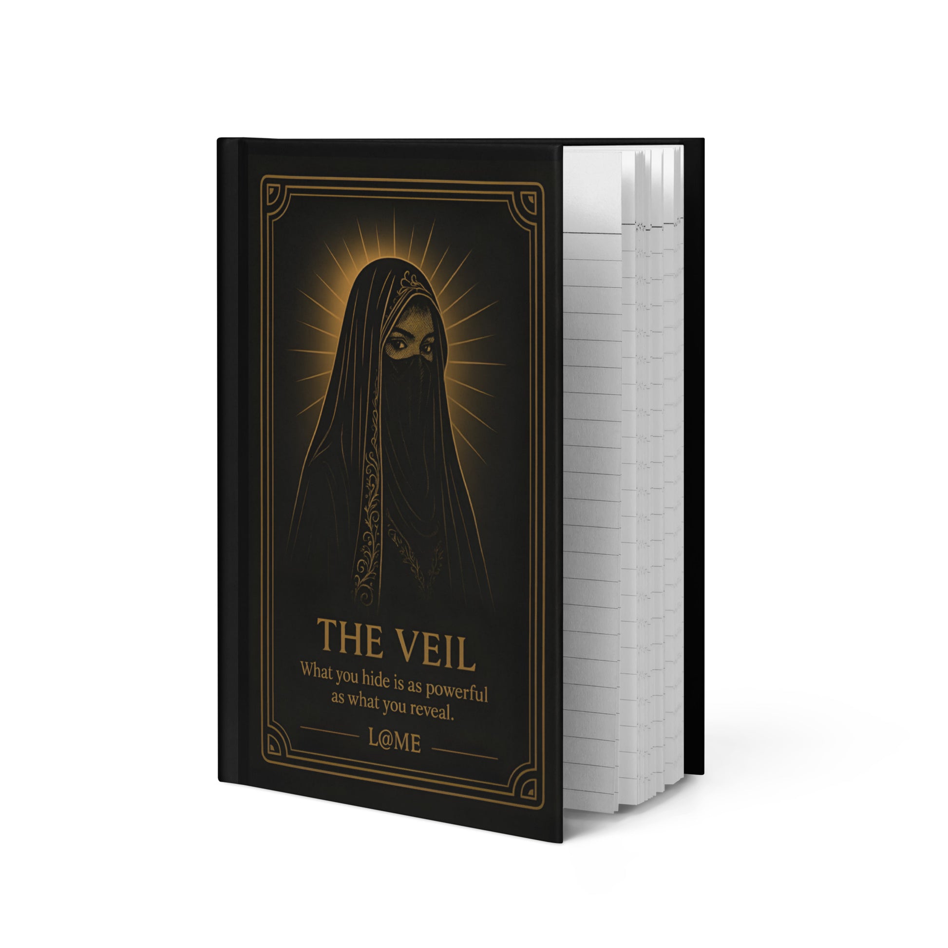 A matte hardcover journal with gold tarot-style "Veil" artwork on a deep black cover.