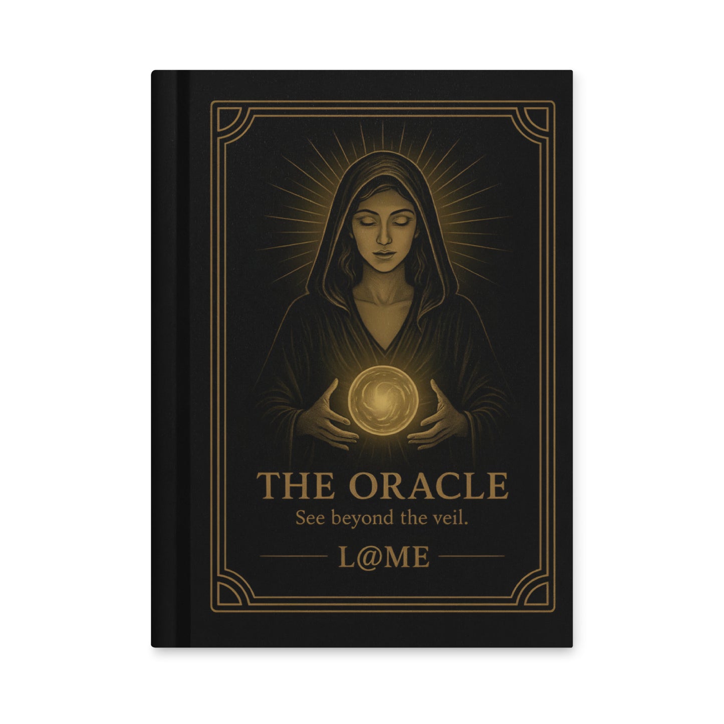A matte hardcover journal with gold "Oracle" artwork on a deep black cover and lined pages.