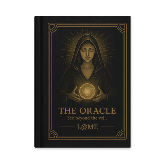 A matte hardcover journal with gold "Oracle" artwork on a deep black cover and lined pages.