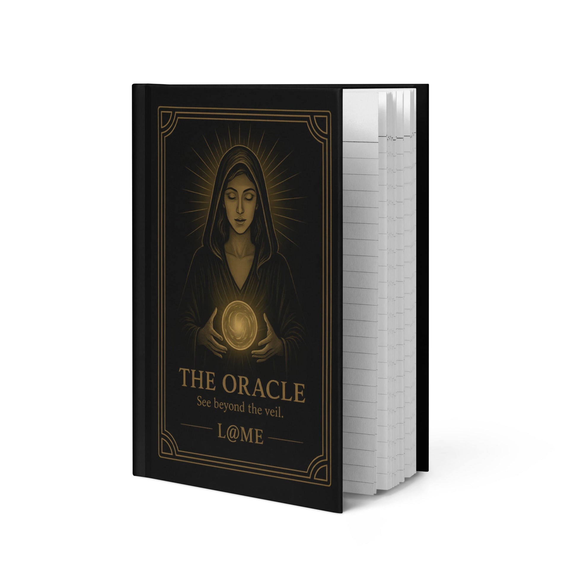 Hardcover journal with gold "Oracle" artwork on a matte black cover and 150 lined pages.