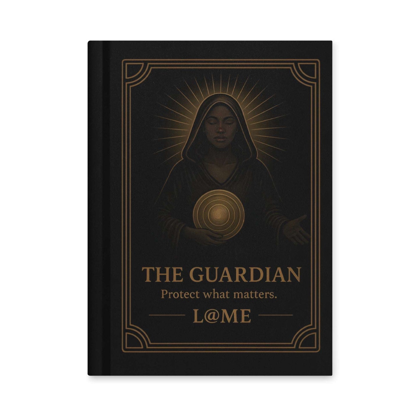A matte hardcover journal with gold "Guardian" artwork on a deep black cover.