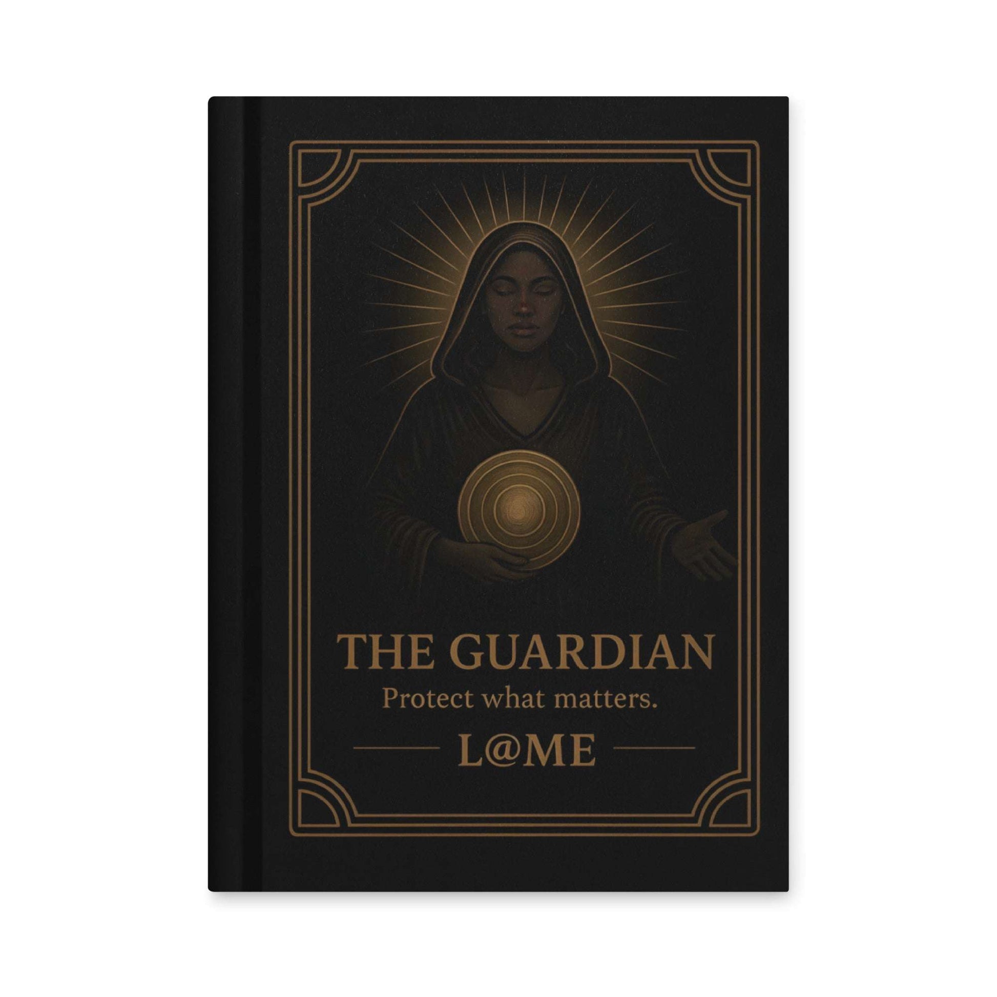 A matte hardcover journal with gold "Guardian" artwork on a deep black cover.