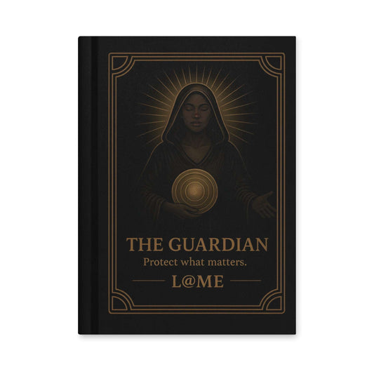 A matte hardcover journal with gold "Guardian" artwork on a deep black cover.