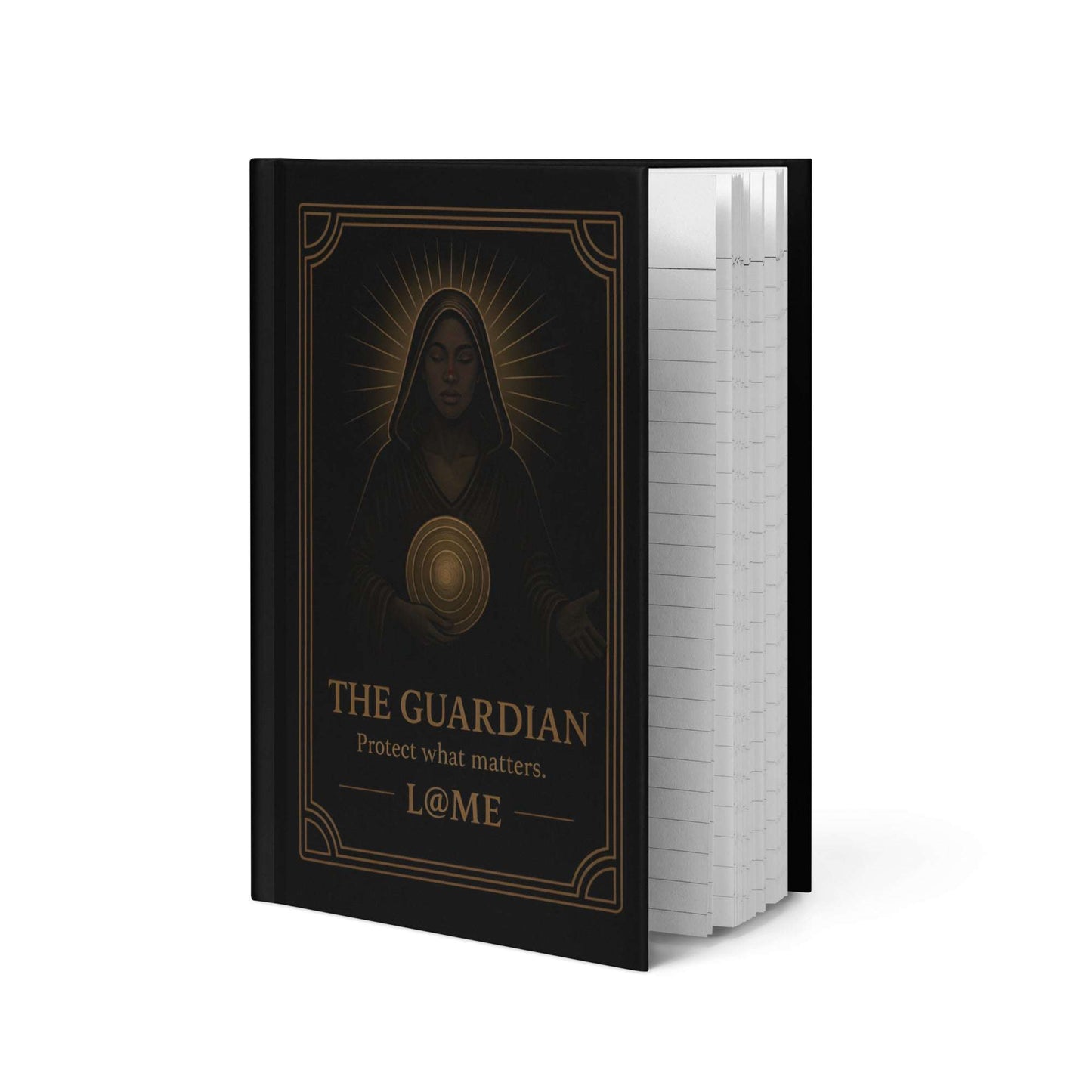 A matte hardcover journal with gold "Guardian" artwork on a deep black cover and lined pages.