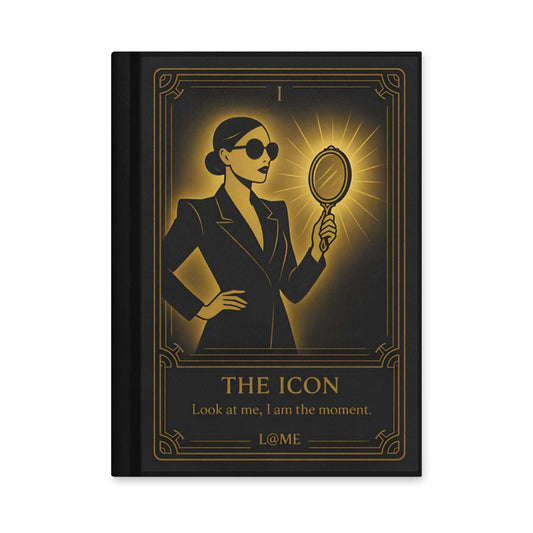 Matte hardcover journal with gold tarot-style artwork on a deep black cover.