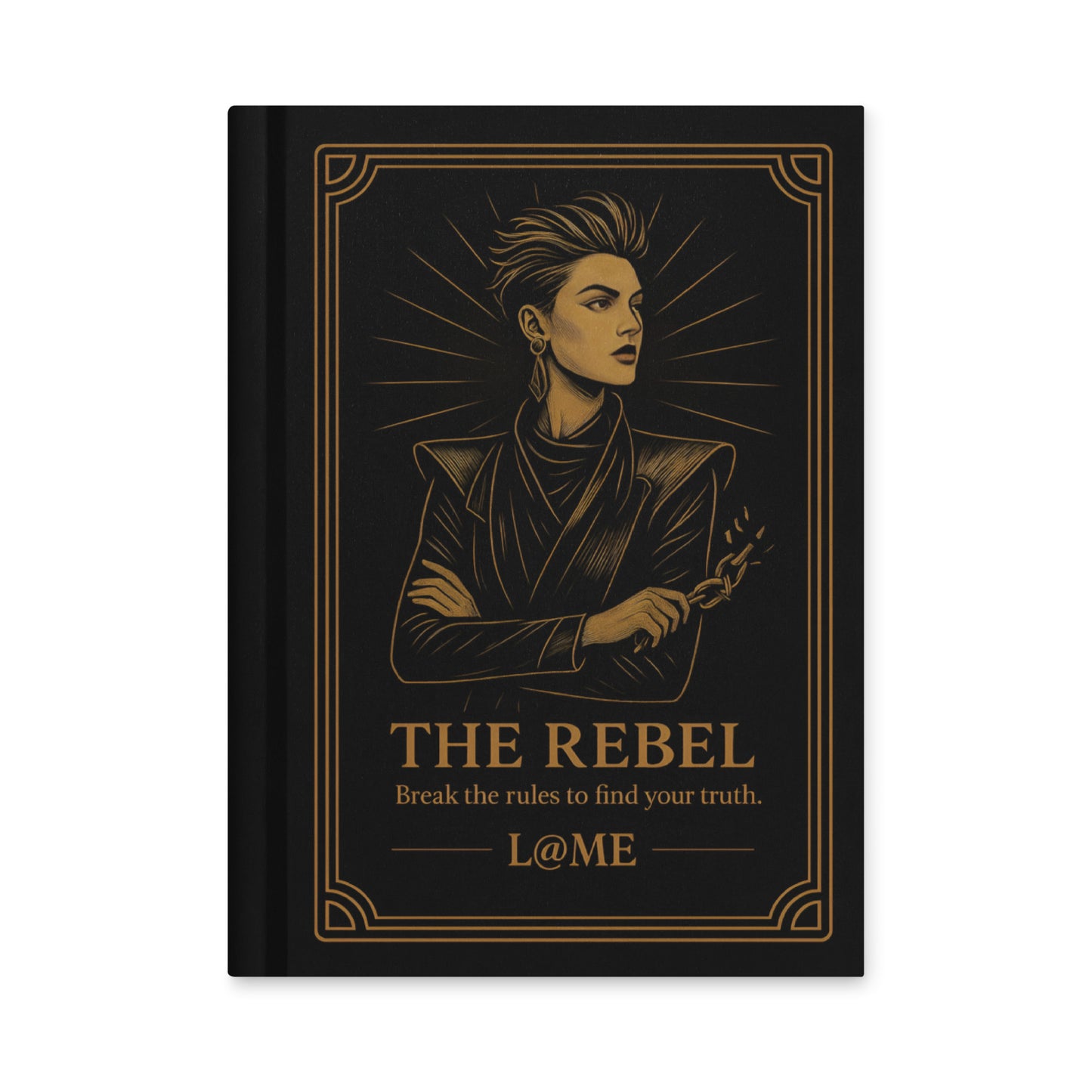 A matte hardcover journal with gold "Rebel" artwork on a deep black cover and lined pages.