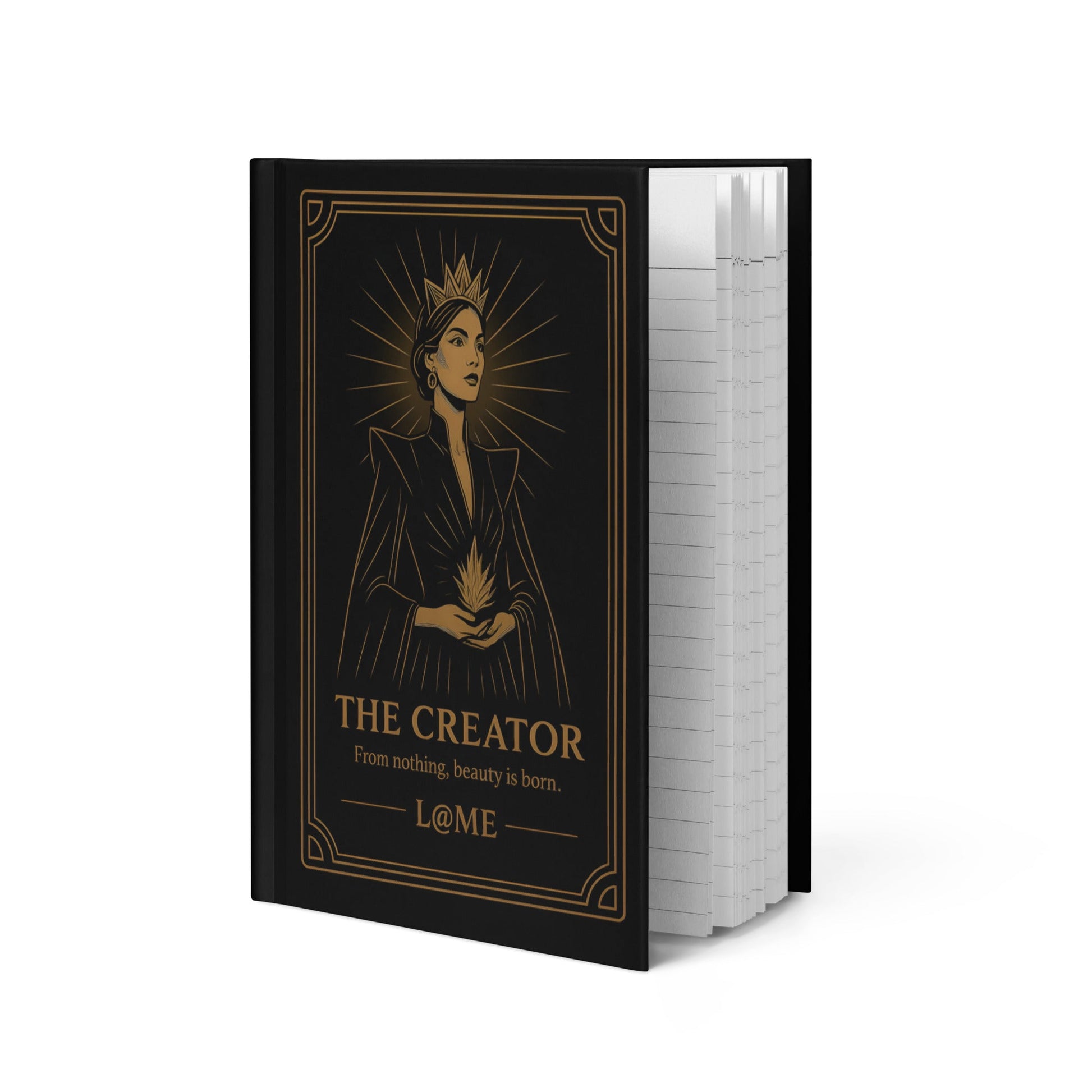 Hardcover journal with gold "Creator" artwork on a black matte cover and lined pages.