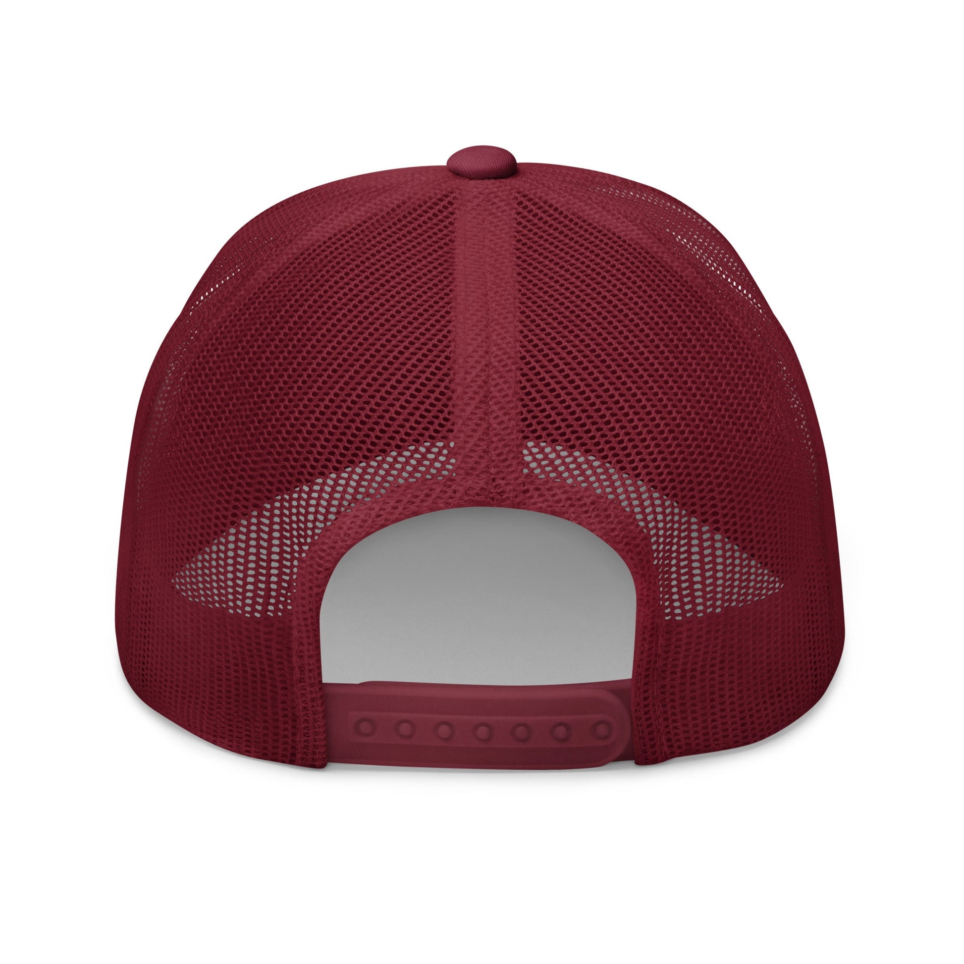 Red retro trucker cap with a structured front and breathable mesh back.