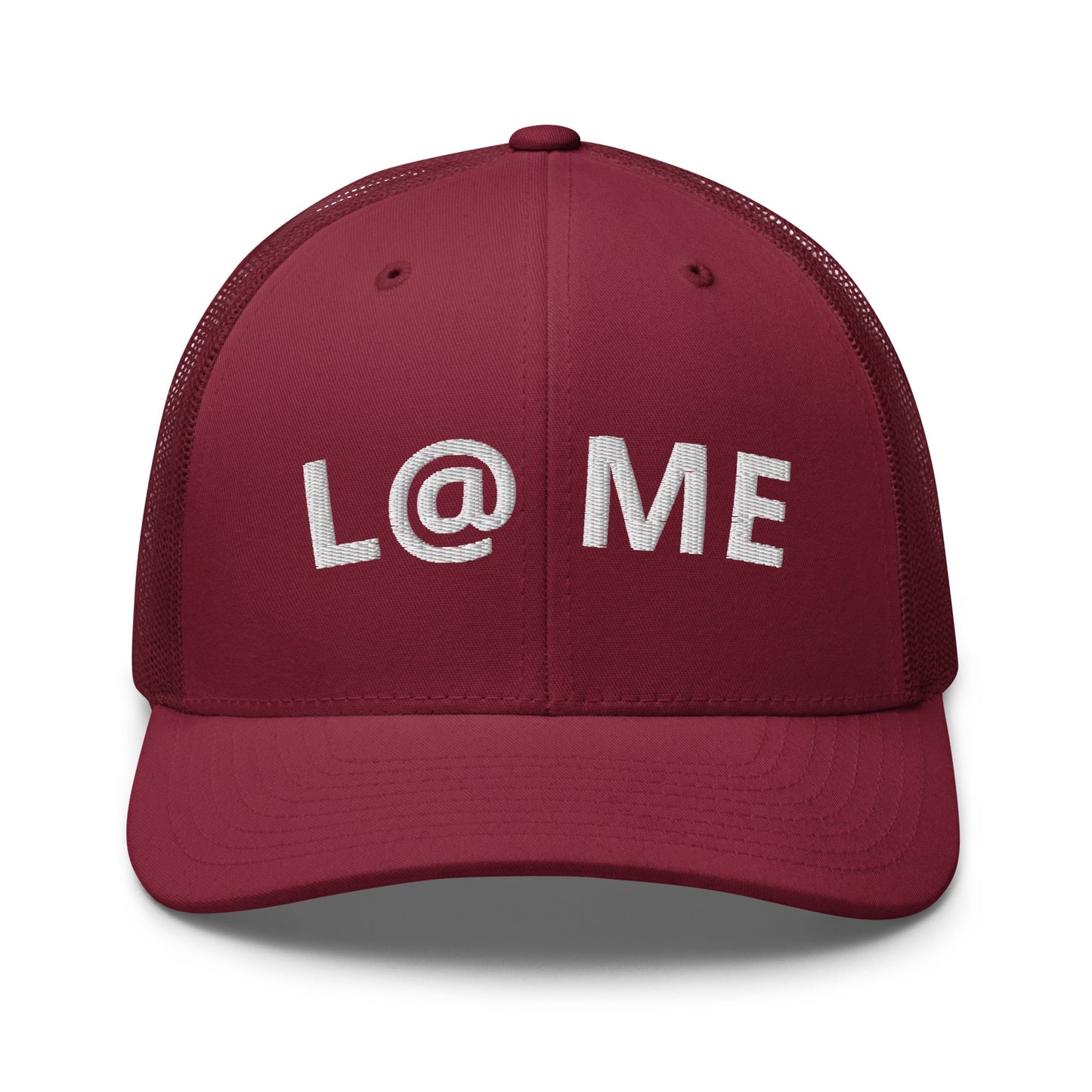 Red six-panel trucker cap with structured front and breathable mesh back panel