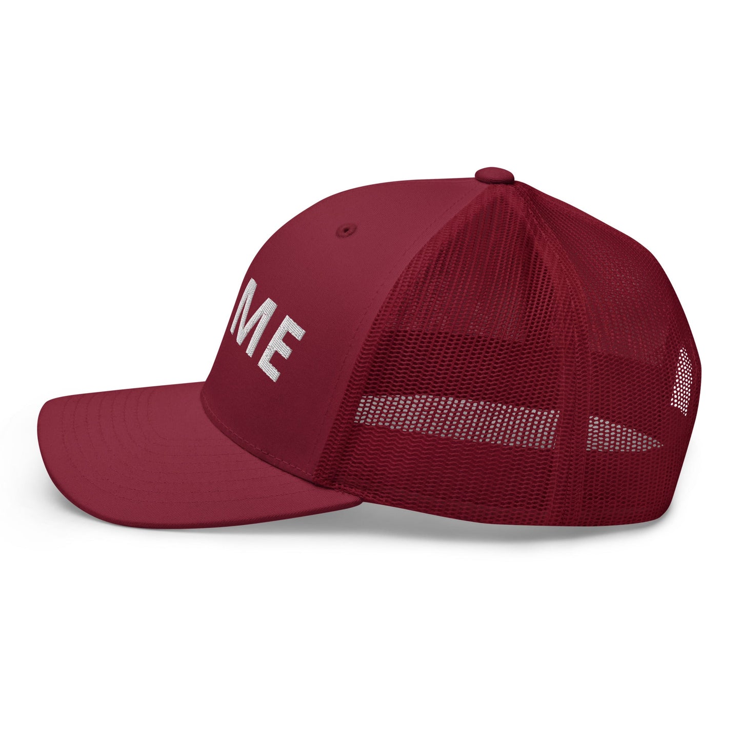 Red retro trucker cap with a structured front and breathable mesh back.