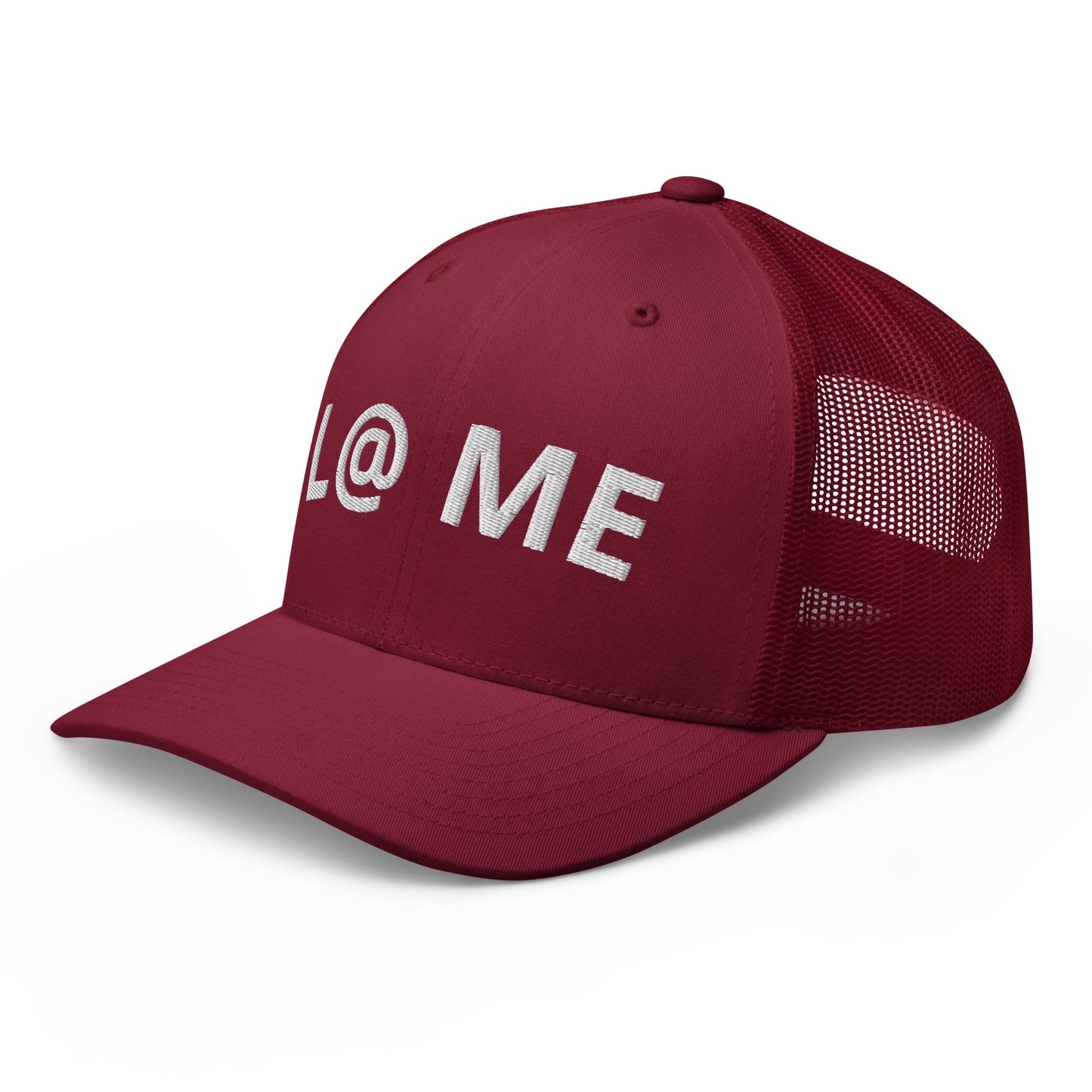 Red six-panel retro trucker cap with mesh back and adjustable plastic closure
