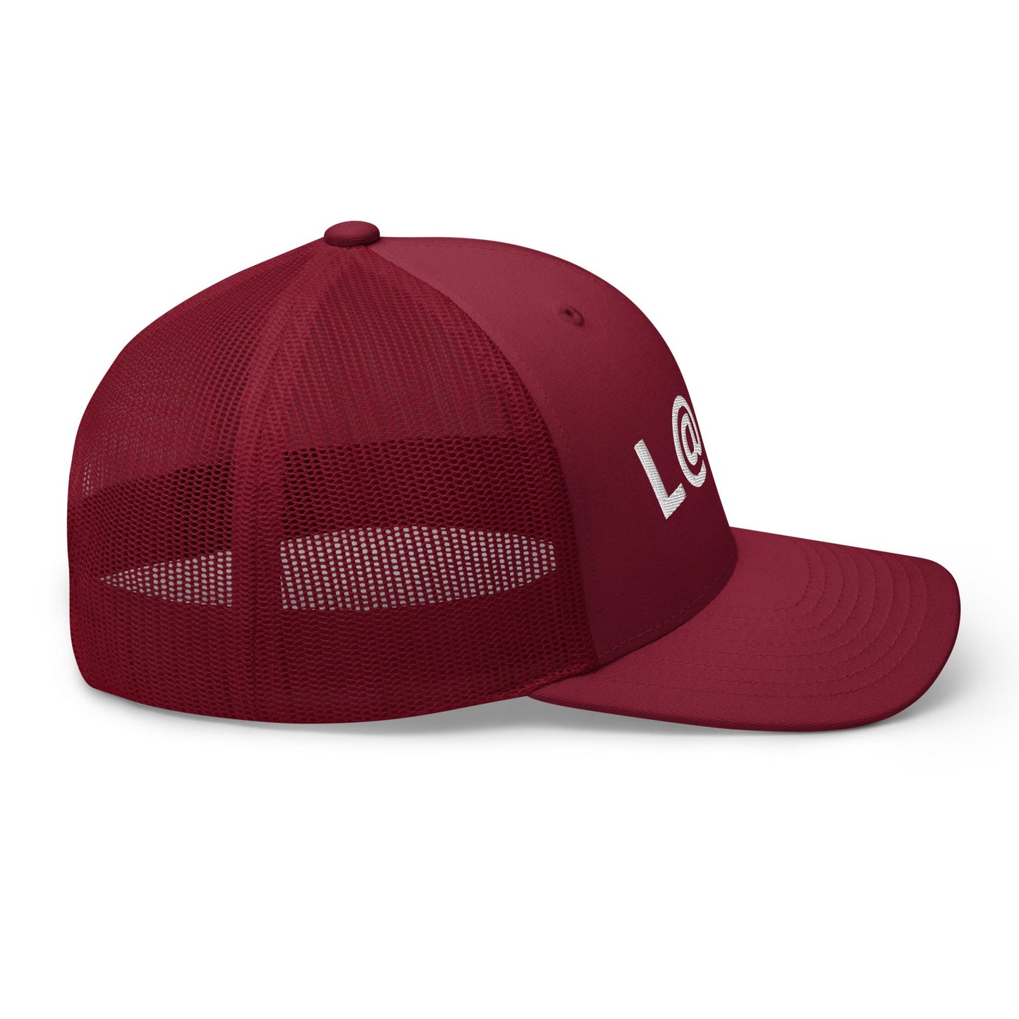 Red retro trucker cap with a structured front and breathable mesh back.