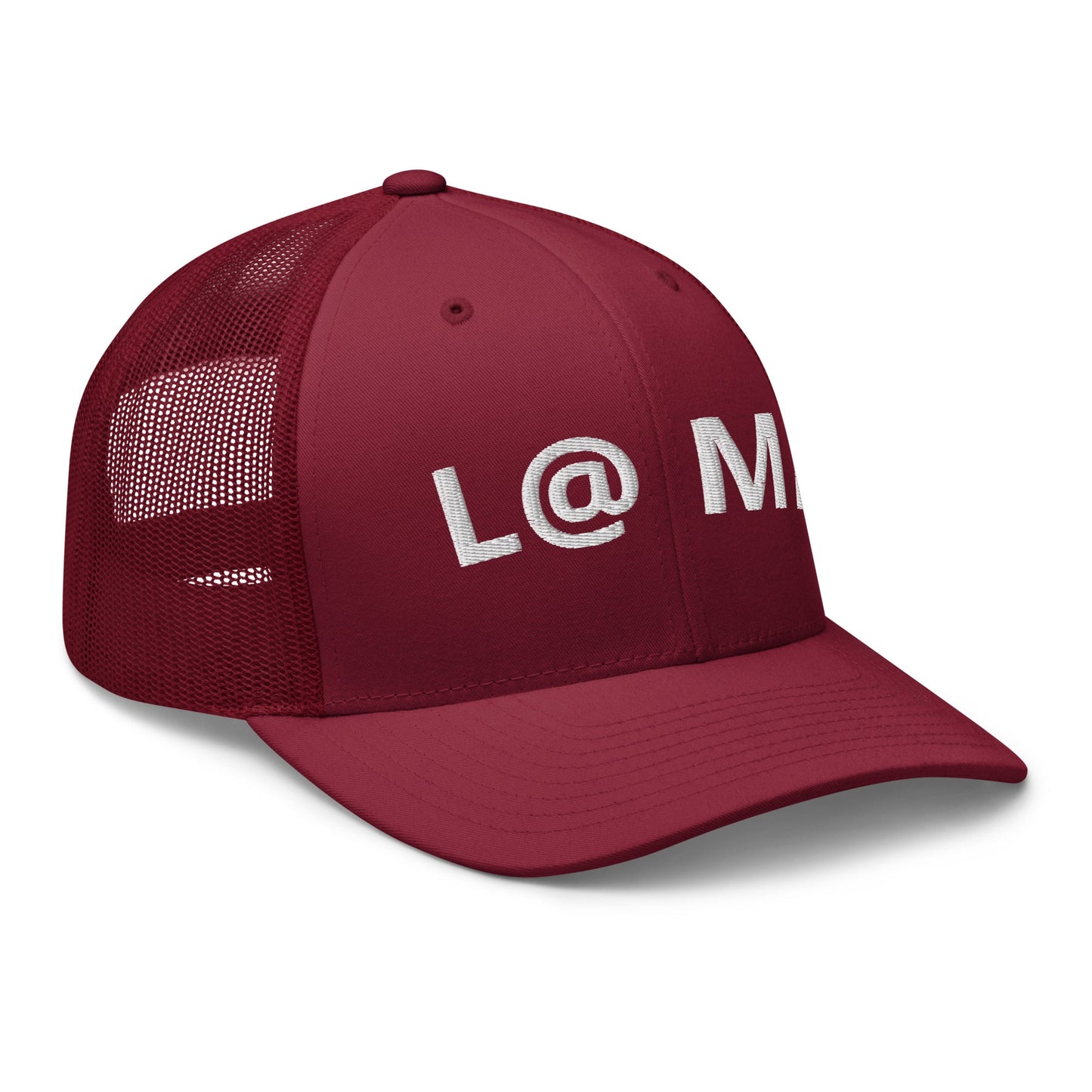 Red retro trucker cap with a structured front and breathable mesh back.