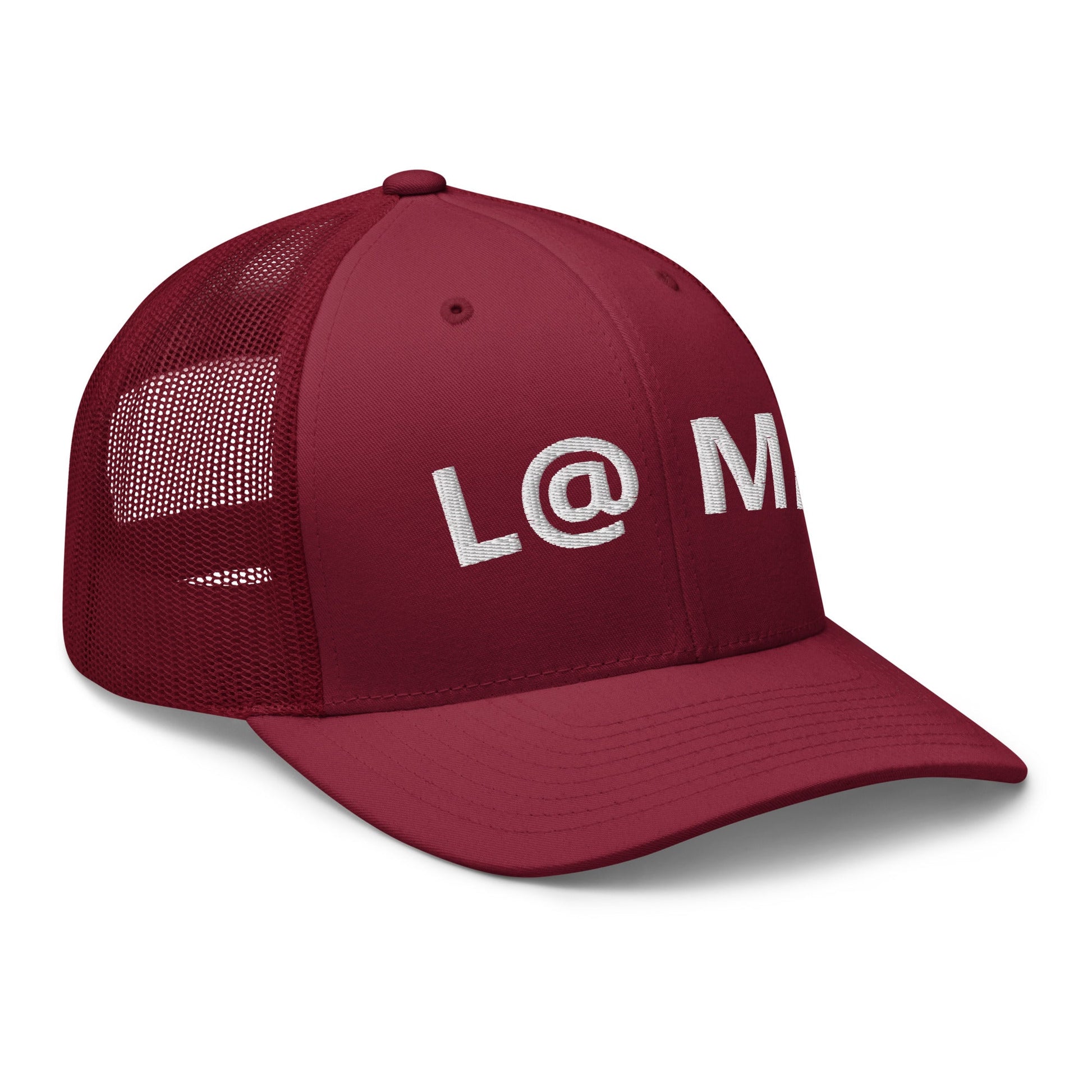 Red retro trucker cap with a structured front and breathable mesh back.