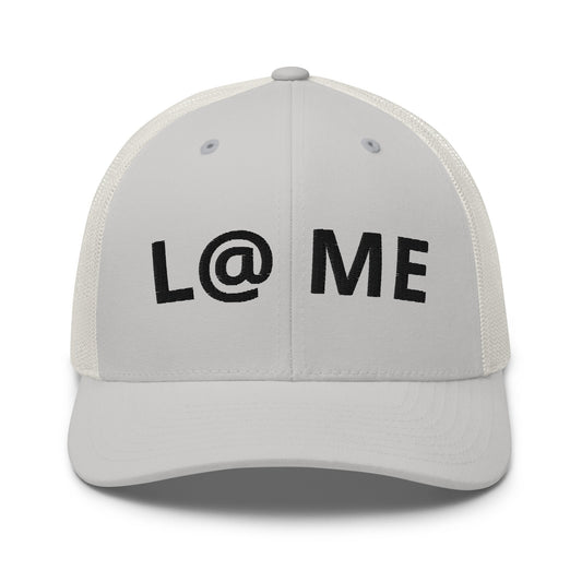 Grey L@ME trucker cap with a structured front panel and breathable mesh back.