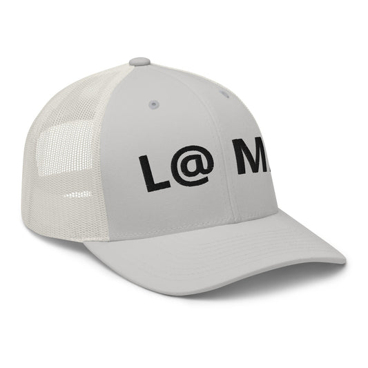 Grey L@ME trucker cap with six-panel design and breathable mesh back