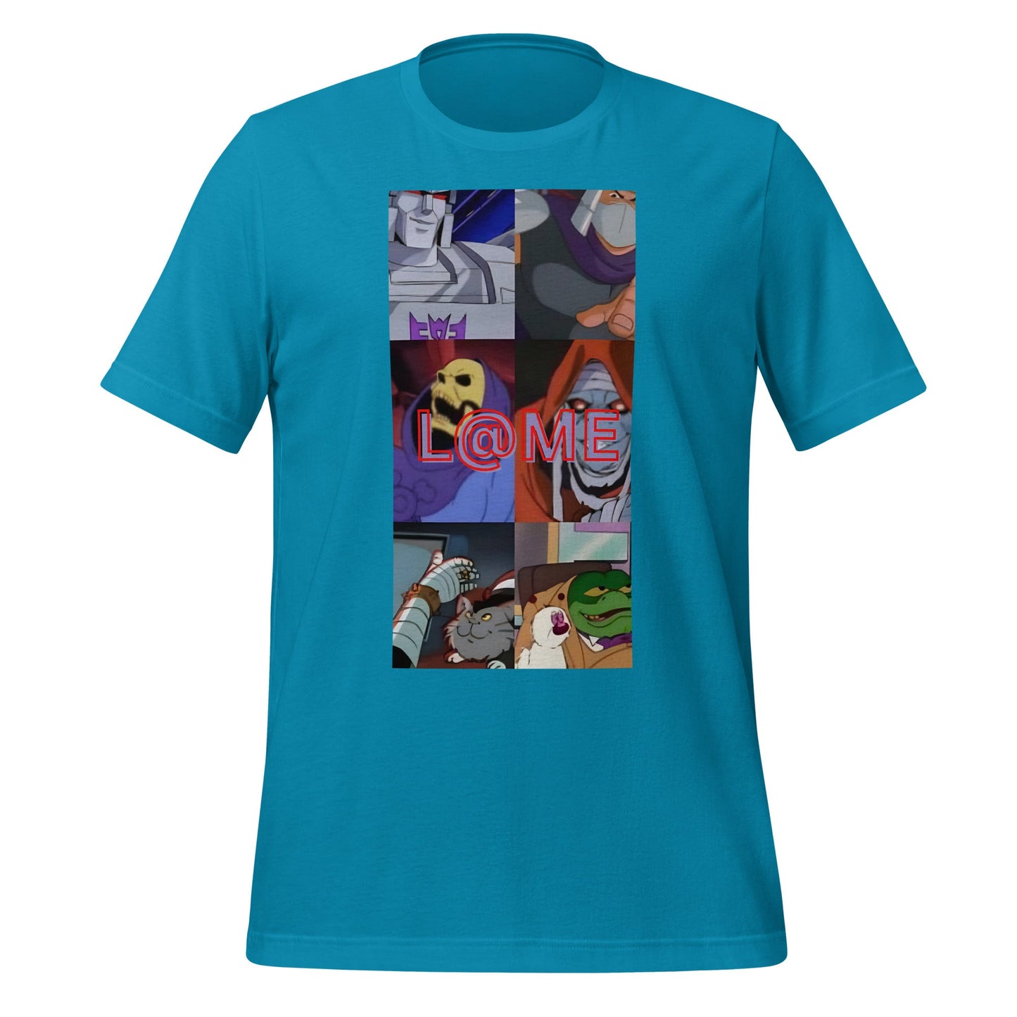 A cartoon tee featuring chaotic comic panels and the L@ME logo in electric red.